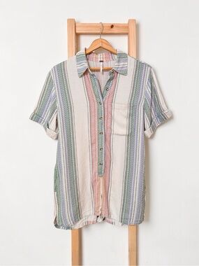 Free People Striped Button Front Short Sleeve Tunic Shirt Boho Top XS
